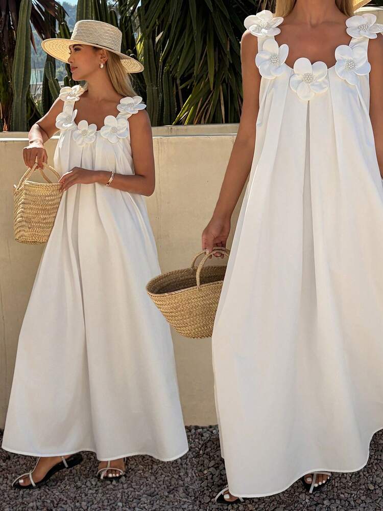 Women's Summer Island Vacation White 3D Floral Sleeveless Spaghetti Strap Dress, Loose Flowy Vacation Style Sundress