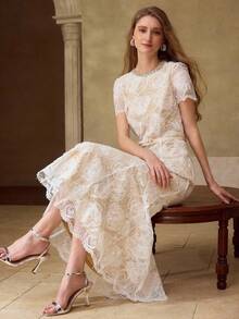 MOTF PREMIUM LACE JACQUARD RHINESTONE DETAIL DRESS - Apricot - View 5