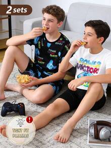 2pcs/Set Tween BoyLetter & Gaming Console Graphic Short Sleeve T-Shirt & Shorts Snug Fit Loungewear Set Snug Fit - Multicolor - View 8