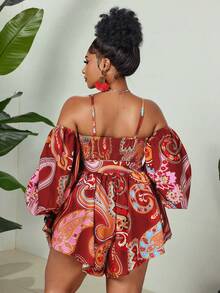 Maweii Plus Size Digital Print Elegant Off-Shoulder Backless Jumpsuit - Red - View 2