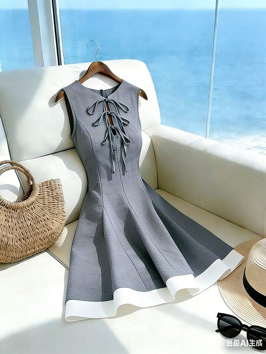 Franclia 女士优雅系腰无袖蝴蝶结连衣裙，夏季 - 灰色 - 查看 1