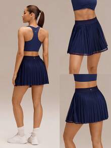 GLOWMODE FeatherFit™-Air Big Serves Lightweight Quick-Dry Double-Layered Built-In Shorts Pleated Mesh Mini Tennis Skirt Tennis Golf Pickleball - Dark Blue - View 8