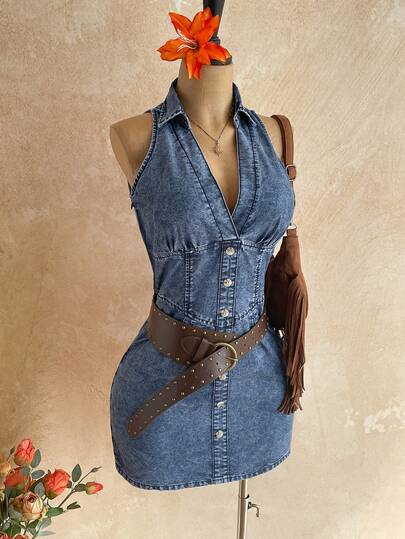 Soleia 女士纽扣设计时尚无袖牛仔连衣裙