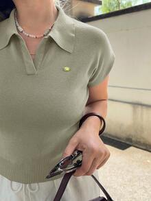 Jeta Ari Women's Solid Color Fitted Knit POLO Collar Top, Casual For Commute, Spring/Summer - Mint Green - View 3