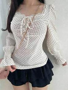 FRIFUL Áo thun dài tay nữ in chấm bi, thắt nơ phía trước - trắng - Xem 2