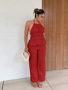 Maria Perezxox Setelan Wanita 2 Potong Gaya Prancis: Atasan Halter Longgar Warna Polos dengan Pinggang Terikat dan Celana Panjang Lebar yang Santai - Merah - View 4