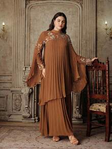 Anewsta Women's New Pleated Elegant Flared Embroidered Khaki Dress, Plus Size - Khaki - View 6