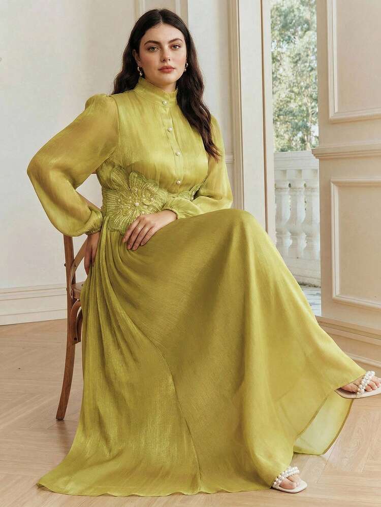 Plus Size Women's Elegant Green Mandarin Collar Half-Open Front Long Sleeve A-Line Maxi Dress, Waist Floral Decor, Suitable For Banquet, Valentine's Day, Wedding