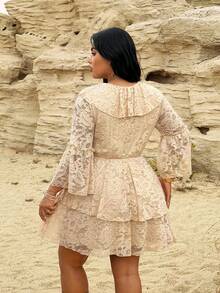 Rustia Plus Size V-Neck Cinched Waist Lace Midi Dress With Layered Sleeves - Apricot - View 2