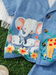 Bộ quần áo bé trai tay ngắn in hình động vật hoạt hình, thích hợp cho các hoạt động ngoài trời, mặc ở nhà và dự tiệc. - Màu xanh lam - Xem 5