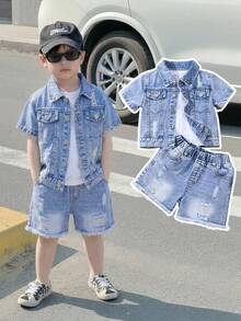 Setelan Denim Anak Laki-Laki Musim Panas Terbaru Biru Muda Pudar dengan Efek Usang, Jaket Lengan Pendek & Celana Pendek 2 Potong, Pakaian Sekolah Retro Katun Premium untuk Balita - Light Wash - View 3