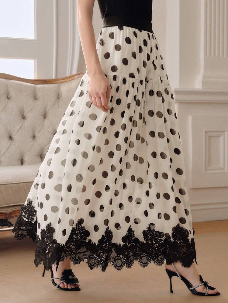 Spring/Summer New High-Quality Standard Size Women's Fashion Vintage Sweet Polka Dot Elastic Waist Tiered Skirt, Lace Trim, Flattering Fit For Commute & Date