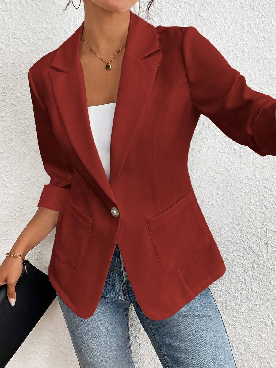 SHEIN LUNE Casual Business Casual Solid Color Blazer For Work Daily Wear, Spring/Summer Red - Redwood - View 1