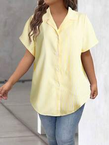 EMERY ROSE Women's Woven Plain Fabric Shirt Collar Straight Short Sleeve Shirt With Full Button Decoration, Casual Daily Wear - Yellow - View 6