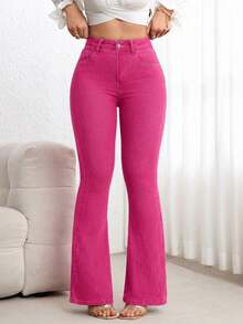 SHEIN PETITE 女士休闲喇叭口袋牛仔裤 - 玫瑰紅 - 查看 7