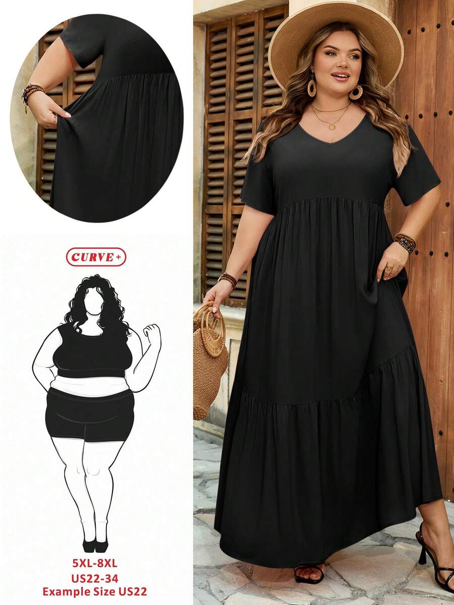 SHEIN CURVE+ Curve 尺码 US22 音乐节、海滨度假、波西米亚风长款沙滩度假连衣裙 波西米亚风夏季/乡村/海滩度假装/沙滩装/沙滩服饰 - 黑色 - 查看 1