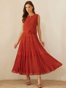 Aveloria Rosie Bộ đồ 2 mảnh thanh lịch kiểu Pháp gồm áo vest không tay bằng vải chiffon với khóa kim loại và chân váy xếp ly cạp cao, thích hợp cho kỳ nghỉ. - Đỏ - Xem 3