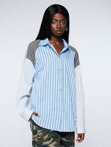 COUREZ Long Sleeve Oversized Spliced Shirt/Y2K Summer Outfits For Women Spring Clothes Vacation Tops Shirts Cute - Multicolor - View 5