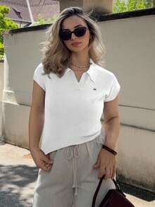 Jeta Ari Women's Fitted Polo Collar Solid Color Knit Sweater Top, Casual For Commuting In Spring/Summer - White - View 6