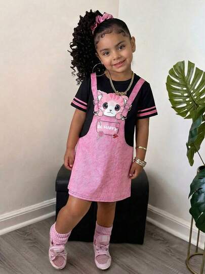 SHEIN Young Girl Knitted Cute Cat Pattern Round Neck 2 In 1 Dress