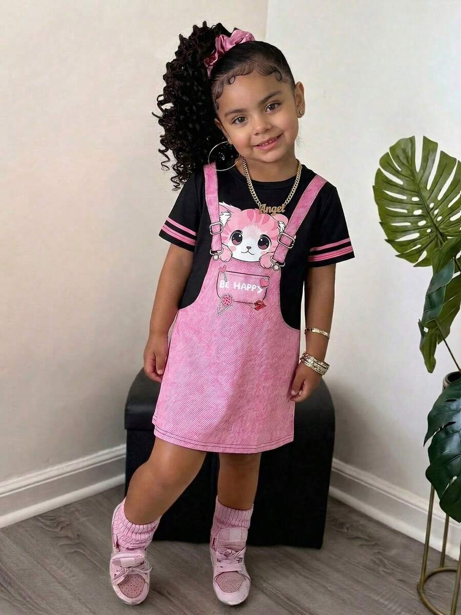 SHEIN 女童针织可爱猫咪图案圆领二合一连衣裙 - 彩色 - 查看 1