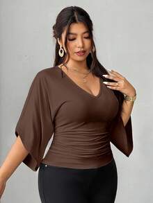 Elenzga Áo thun nữ cỡ lớn kiểu Pháp, thắt eo, đa năng - màu nâu - Xem 5