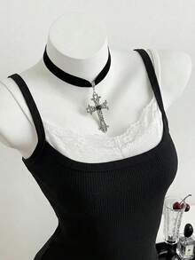 Elamini Women's Casual Lace Trim Sleeveless Tank Top, Faux 2-In-1 Design, Grey, Spring/Summer Gothic Tops Body Tops For Ladies - Black - View 1