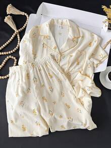 SHEIN Teen Girl Loose Casual Minimalist Comfortable Floral Print Pajama Top And Pants Set Teen Girl - Multicolor - View 3