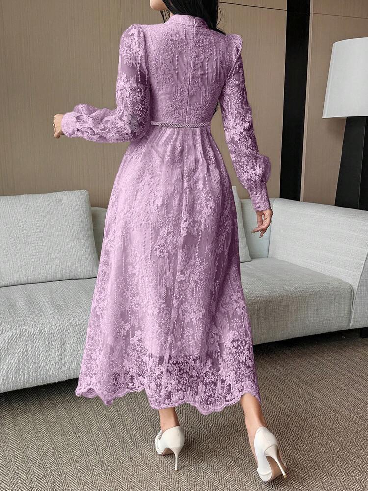 Women's Elegant Lace Collar Belted Mid-Length Dress, Spring/Summer