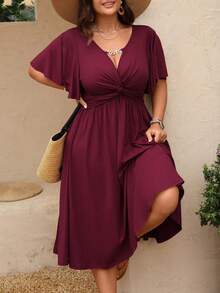 SHEIN LUNE Plus Size Women's Spring & Summer V-Neck Chain Splice Ruffle Twist Waist Textured Elegant Mid-Length A-Line Dress - Burgundy - View 7
