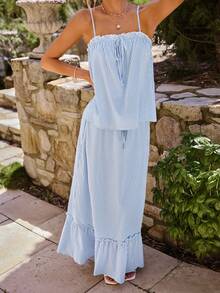 KARISMINA Conjunto de 2 piezas de mujer con camiseta de gasa y falda, a rayas, estilo vacacional, para primavera/verano - Azul y blanco - Ver 6