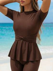 Swim Mulvari 女士纯色挂脖扭结褶皱吊带泳衣套装，适合海滩度假 - 棕色 - 查看 1