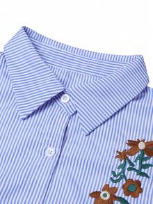 GlowEve Women's Summer Casual Vacation Striped Floral Embroidery Ruffle Armhole Blouse - Blue - View 5