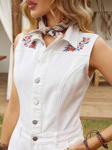 EMERY ROSE Women's Casual Floral Embroidered Sleeveless Denim Jumpsuit, Summer - White - View 7