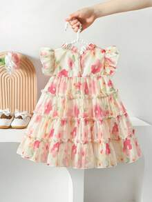 SHEIN Baby Girls' Fashionable Casual Floral Print Bow Decor Cake Dress, Suitable For Spring, Summer, Autumn, Home, Vacation, Festivals, Parties, Daily Wear - Apricot - View 2