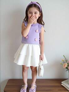 SHEIN Genkimix Kids 小女孩可爱度假风荷叶边吊带背心搭配拼布蛋糕裙，手工3D立体花卉针织套装 - 紫色 - 查看 5