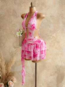 Mistrie 女士印花深V领荷叶边下摆度假迷你连衣裙 - 粉色 - 查看 4