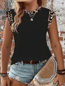 Selamara Áo thun đen dáng rộng, thoải mái, kiểu dáng thường ngày, với họa tiết da báo và viền tương phản ở cổ áo và cổ tay. - Nhiều màu - Xem 1