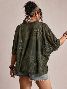 Freevana Plus Size Sheer Lace Casual T-Shirt Top Lace Blouse For Women Lace Shirts For Women Casual Tops For Women Elegant Blouse For Women Casual Elegant Latest Tops For Women Women's Lace Tops Women's Sheer Tops Lace Blouses For Women Women's Short Sleeve Tops Women's Tops And Blouses Mother's Day - Olive Green - View 5