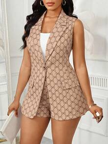 SHEIN Lady 女士蝴蝶结图案做旧领开襟无袖外套和短裤休闲两件套 - 彩色 - 查看 4