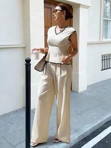 Siren Gaze Women's Summer 2 Pieces Set,Pure Cotton Black And Beige Color-Blocked V-Neck Top&Wide-Leg Pants,Elegant Work Office Casual Business Outfits For Woman - Apricot - View 5