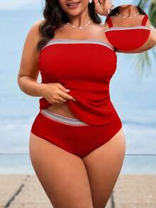 Swim Lushoire Áo tắm nữ cỡ lớn màu hồng cổ yếm xẻ tà, đồ bơi cao cấp phối nhiều mảnh giúp thon gọn vóc dáng khi đi nghỉ mát biển. - Đỏ - Xem 1
