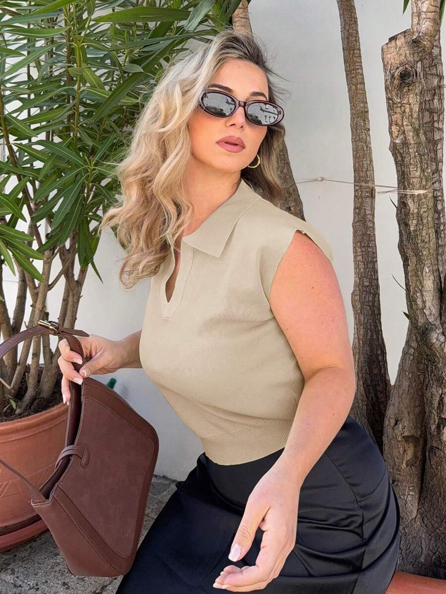 Jeta Ari Solid Cap Sleeve Knit Top Old Money Business Casual Woman Work Clothes - Beige - View 1