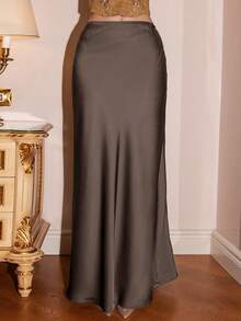 Bris Aura Chân váy nữ màu trơn kiểu đuôi cá, dáng chữ A chất liệu satin, kiểu dáng thanh lịch, phù hợp cho tiệc tùng và mặc hàng ngày, màu cà phê. - Cà phê nâu - Xem 5