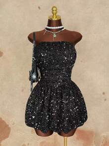 Sunspun Plus Size Sequin Strapless Dress, Off Shoulder Backless Tie-Up Short Dress - Black - View 4
