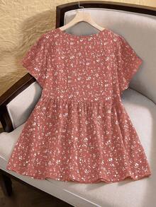 Rusticease Plus Size Floral Print Round Neck Casual Short Sleeve Shirt, Summer - Watermelon Pink - View 2