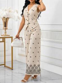 SHEIN Lady Bộ đồ công sở thanh lịch dành cho nữ, áo và quần ống rộng thêu hoa, thích hợp cho mùa hè. - Màu xanh nhạt - Xem 4