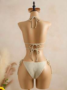 Bellisia Brown Textured Knit Beaded Stone Women's Camisole Bikini Top - Light Yellow - View 2
