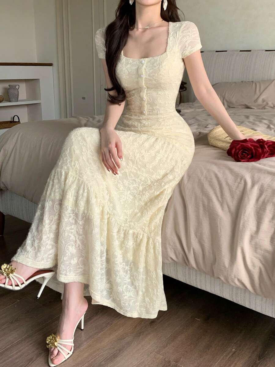 DAZY 春夏蕾丝连衣裙,优雅迷人,适合情人节、婚礼、派对、宴会、时尚活动等场合。收腰设计,修身剪裁,透视网纱,鱼尾裙摆,短袖中长连衣裙,女士太阳裙 - 米色 - 查看 1