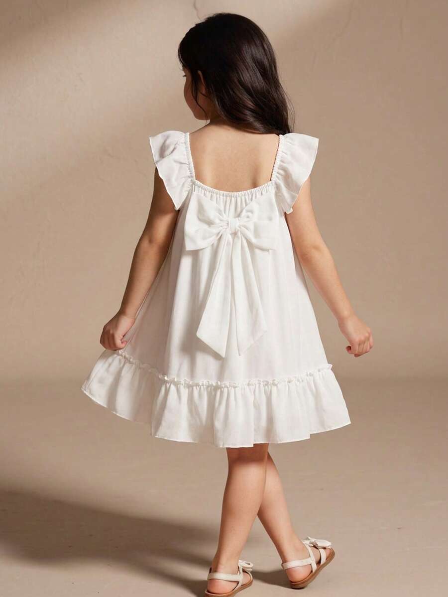 SHEIN 女童无袖白色连衣裙，纯白色调清新柔和，大荷叶边喇叭袖，后背蝴蝶结设计，田园风可爱休闲简约夏季女童连衣裙 - 白色 - 查看 1
